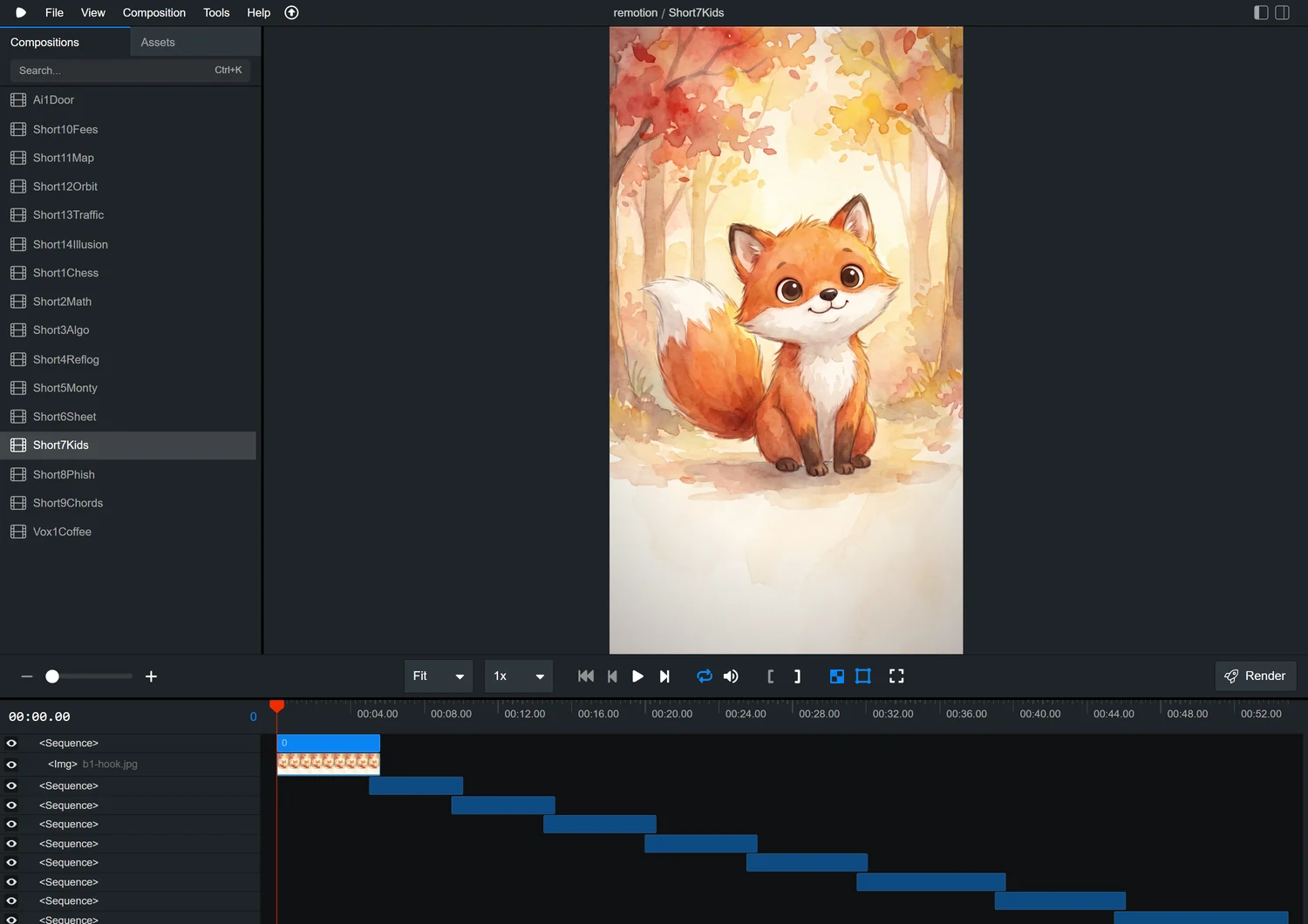 Interface de Remotion Studio montrant l'empilement des calques temporels sur la timeline