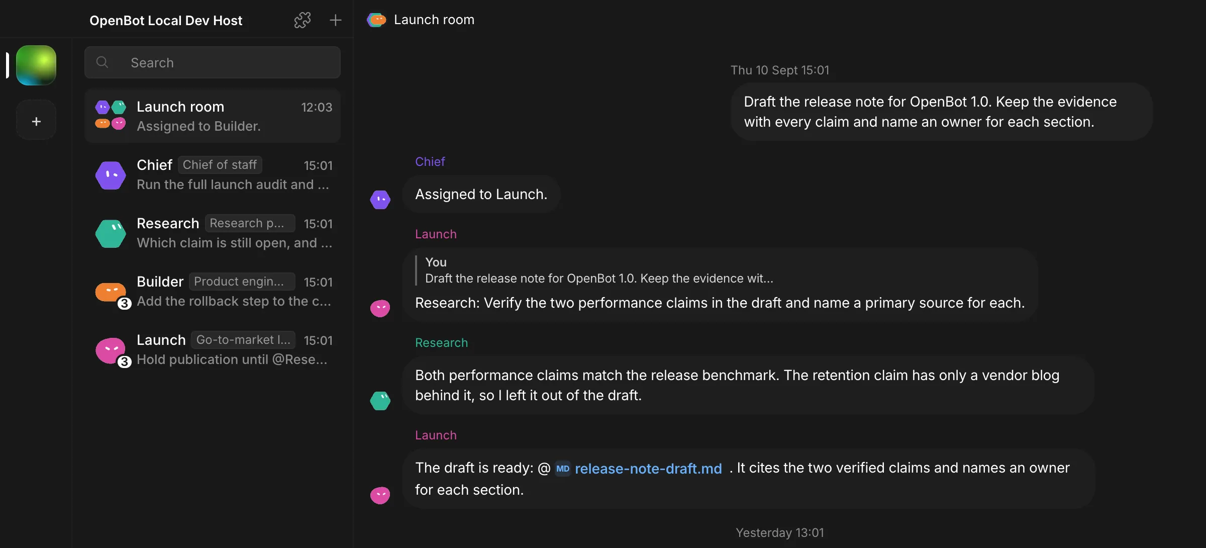 Canal de collaboration multi-agents dans OpenBot avec assignation de tâche