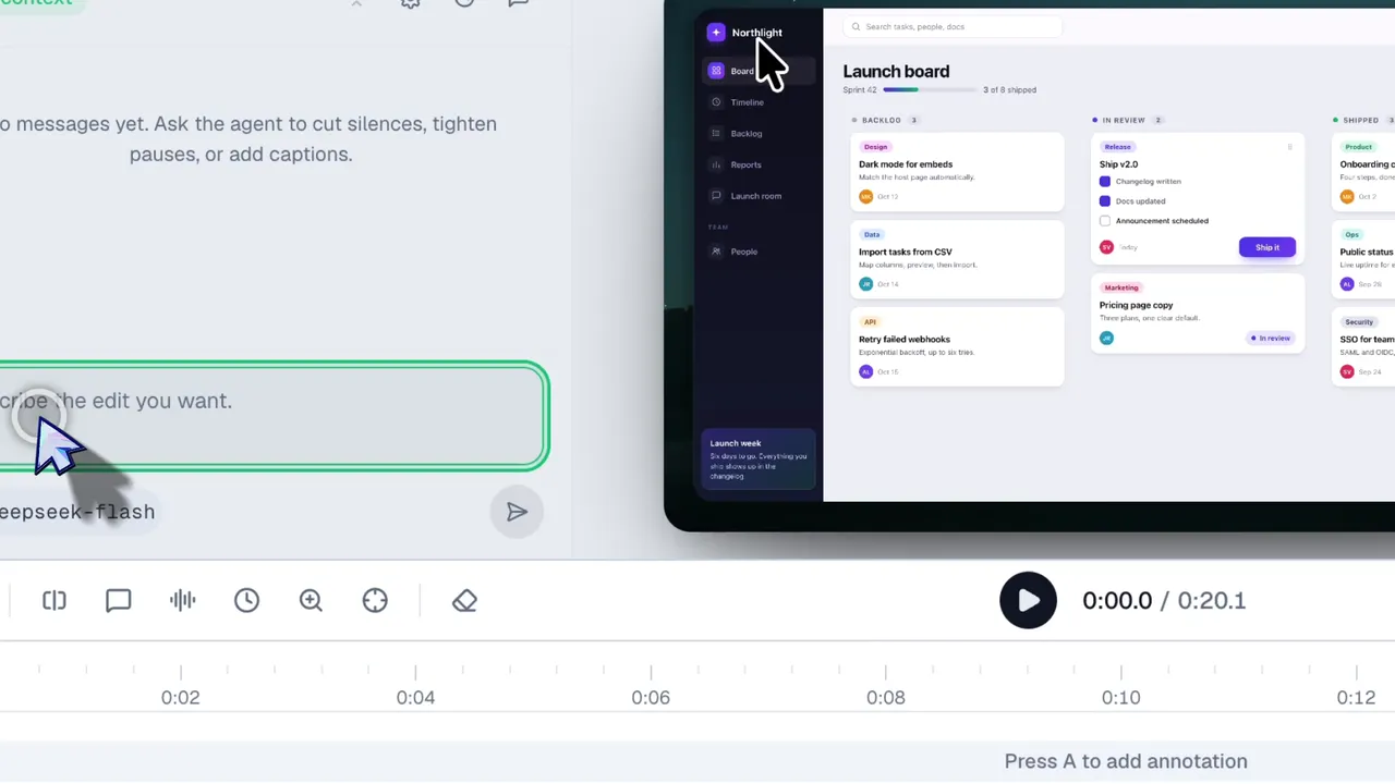 Interface de chat IA d'OpenScreen pilotant le montage et la timeline